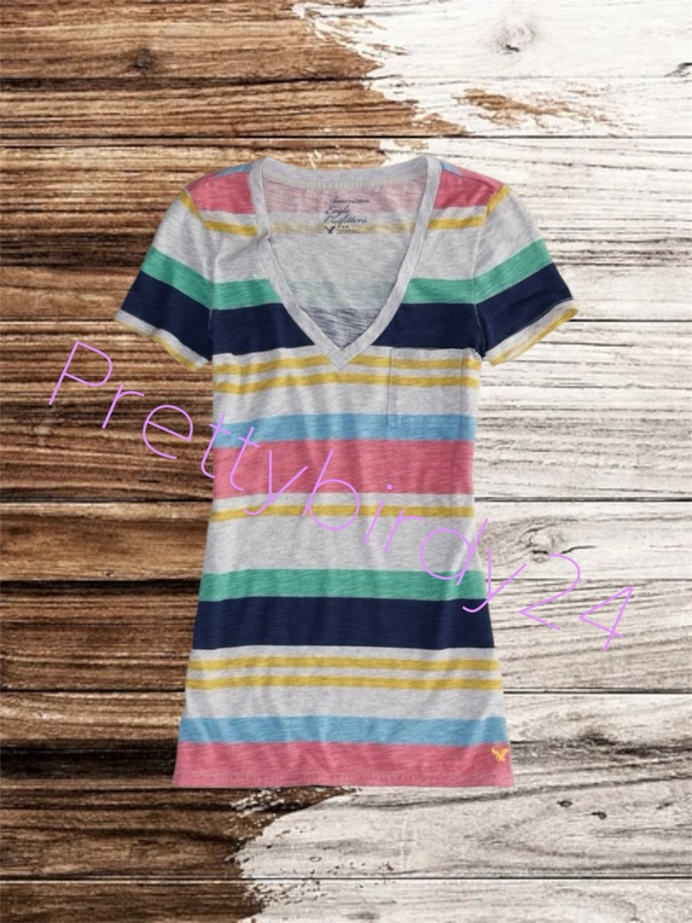 Retro AEO Dusty Grey Multipstripe V Neck Pocket Tee